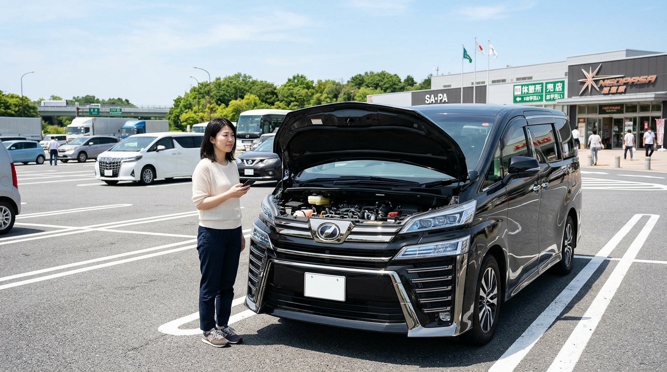 出先でピンクの漏れや水温上昇に気づいた緊急対処法 出先の安全な駐車スペースにヴェルファイアを停めてボンネットを開け冷却水漏れと水温計を確認する若い日本人女性ドライバー