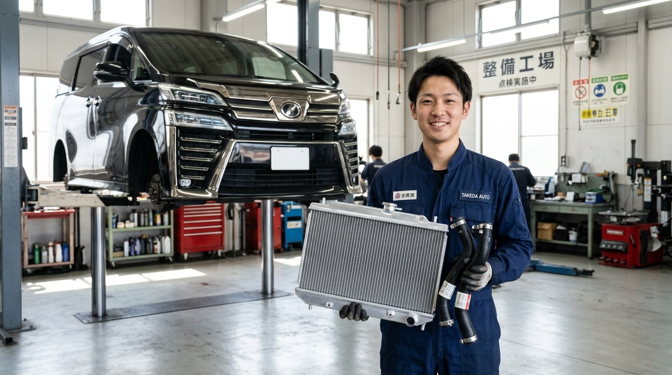 ディーラーと整備工場のラジエーター交換費用比較 明るい整備工場でヴェルファイアの新しい社外優良ラジエーターとホース類の同時交換見積もりを説明する若い日本人男性整備士