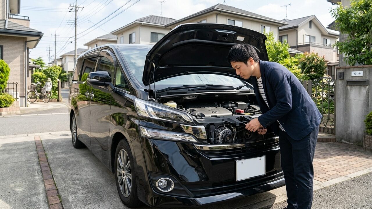 ヴェルファイアのボンネットを開けてエンジンルームの補機ベルト周りを点検する若い日本人男性オーナー