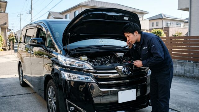 ヴェルファイアのボンネットを開けてエンジンルーム助手席側のウォーターポンプ付近を点検する若い日本人男性オーナー