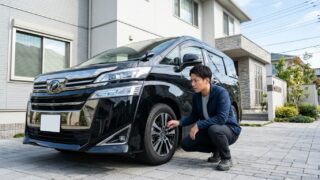 ヴェルファイアのフロントタイヤとホイールハブ周辺に耳を傾けて点検する若い日本人男性オーナー