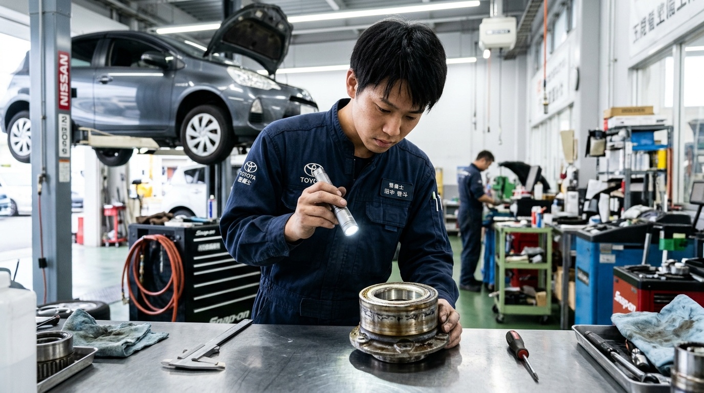 内部グリス劣化と金属剥離フレーキングが起きる過程 作業台の上で取り外した古いハブベアリングの回転ガタと内部摩耗をライトで照らして点検する若い日本人男性整備士