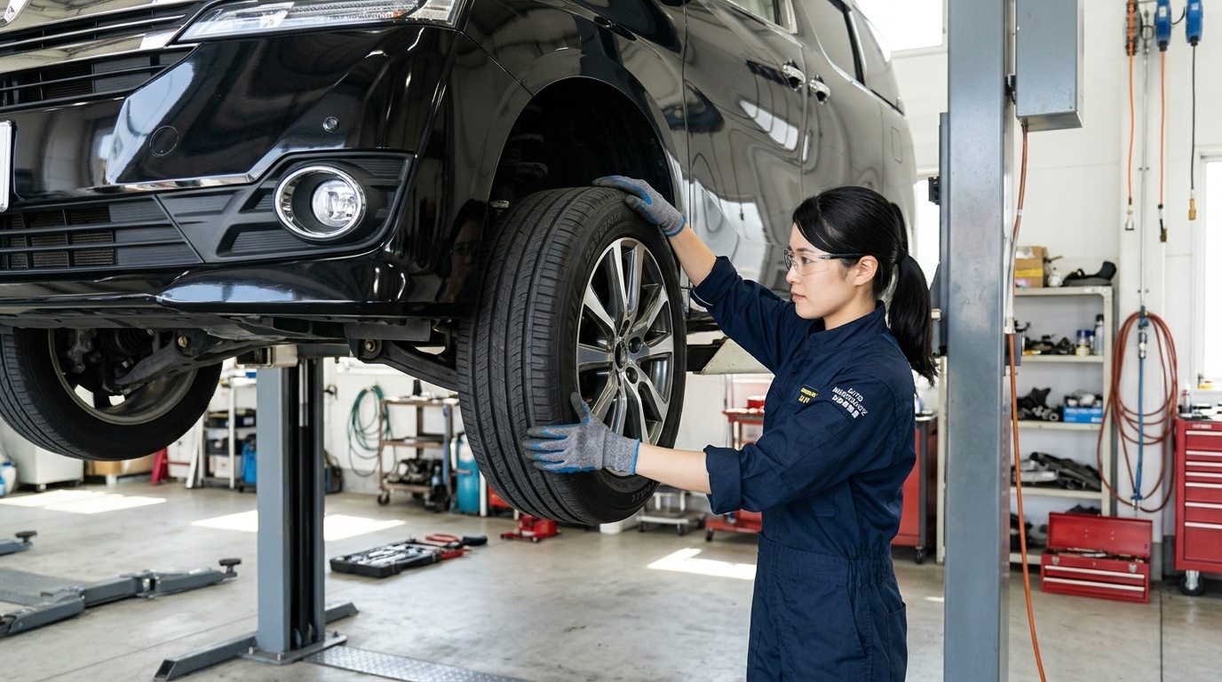 カーブ荷重テストとジャッキアップのガタ点検手順 リフトアップされたヴェルファイアのフロントタイヤの上下に手を添えてハブベアリングのガタつきを点検する若い日本人女性整備士