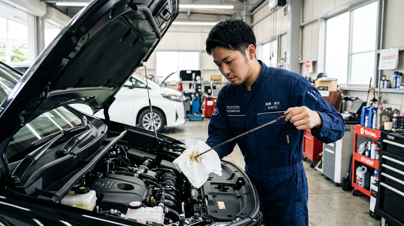 直噴ターボ特有のカーボンスス堆積とLSPI現象 清潔な日本の整備工場で新型ヴェルファイアのエンジンオイルレベルゲージを引き抜きオイルの汚れと量を確認する若い日本人男性整備士