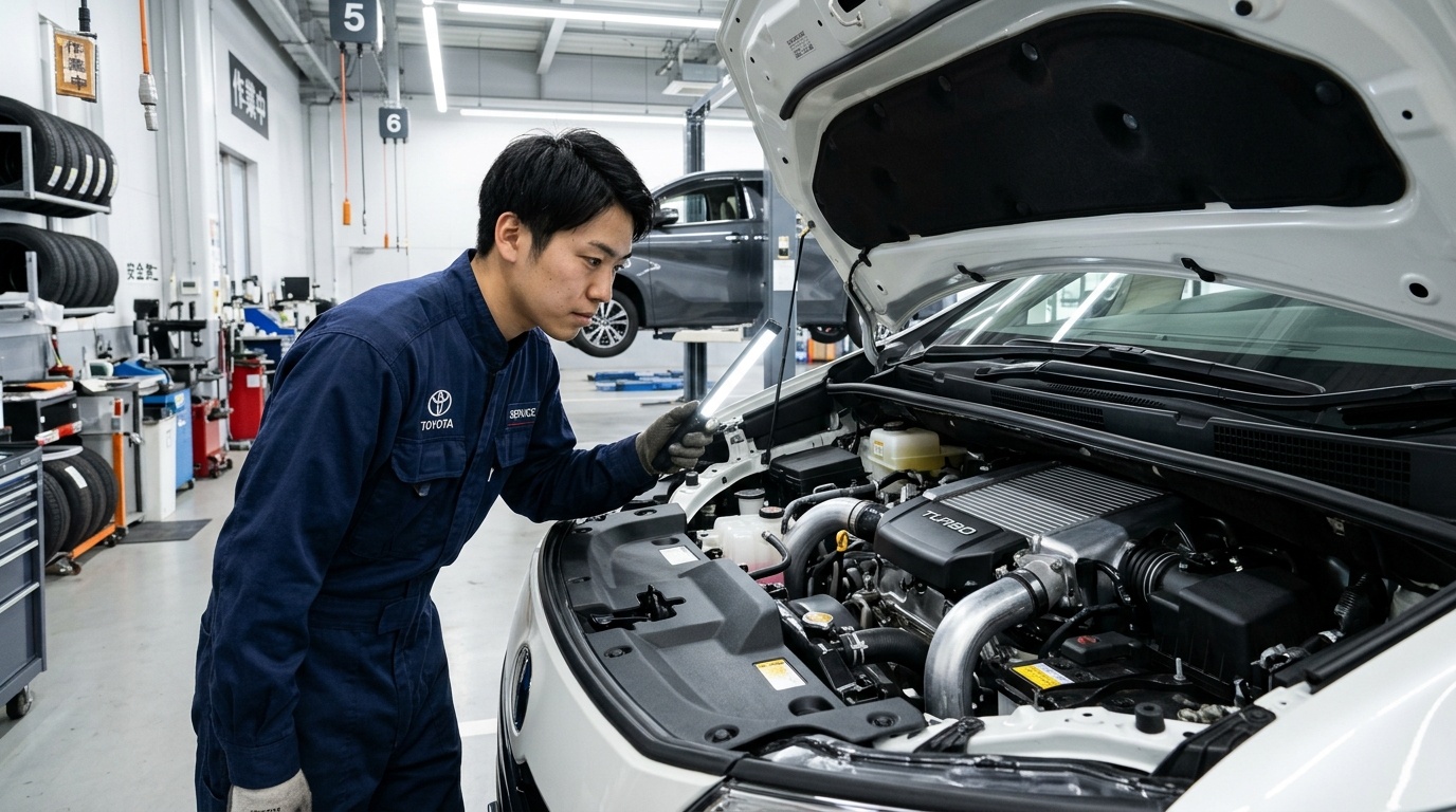 新型ヴェルファイア2.4ターボの故障リスクと耐久性 明るい日本の整備ピットで新型40系ヴェルファイアの2.4L直噴ターボエンジンT24A-FTSとインタークーラー周辺を点検する若い日本人男性整備士