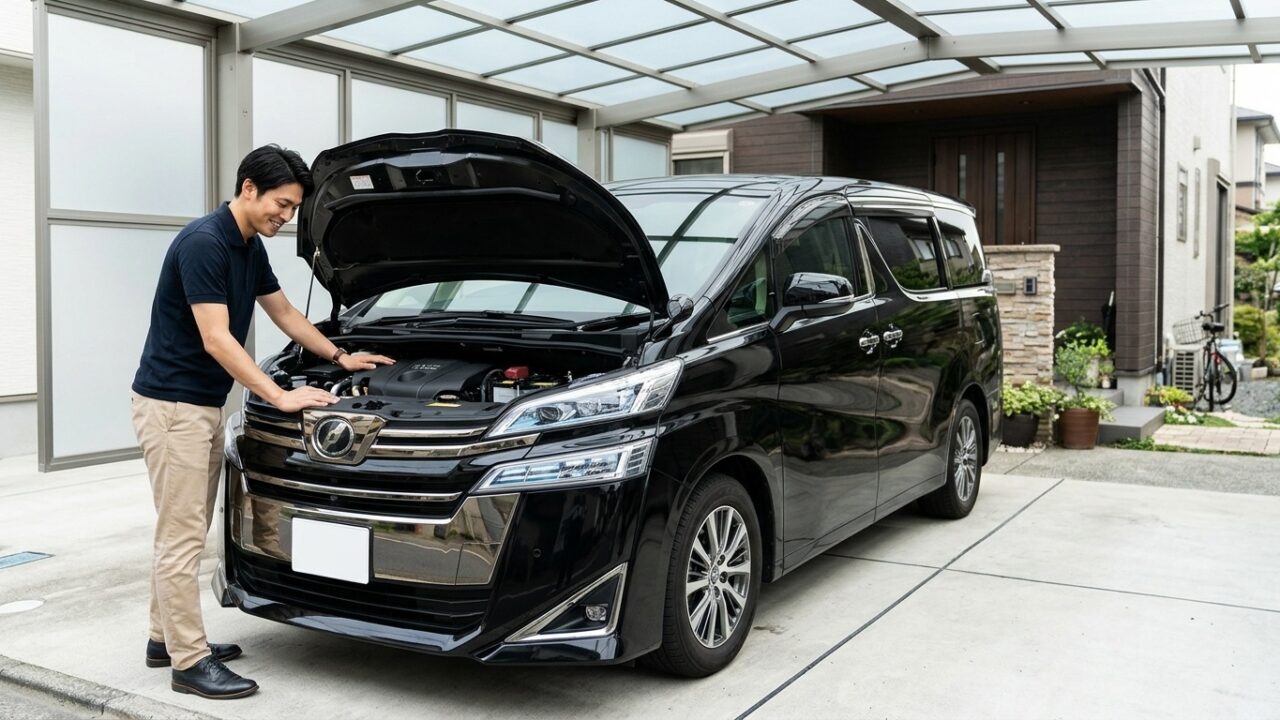 清潔な日本の自宅ガレージでブラックの新型40系ヴェルファイアZ Premierのボンネットを開けエンジンルームを点検しながら微笑む若い日本人男性