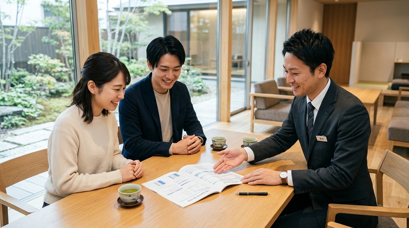 ディーラー点検パックと社外高性能オイルの費用比較 清潔な日本のトヨタ販売店のサービスラウンジでメンテナンスノートと点検パックの案内を見ながら笑顔で相談する若い日本人夫婦とサービススタッフ