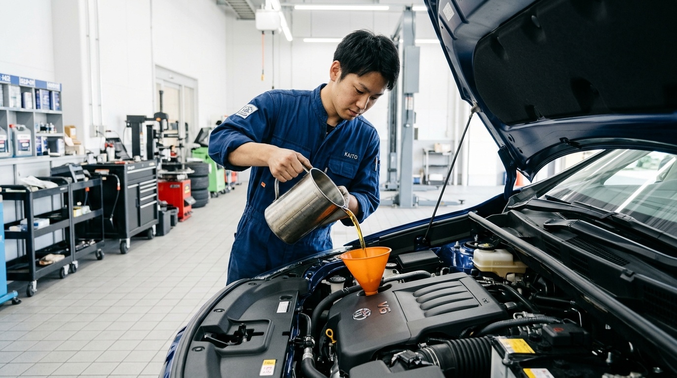 オイル交換5千キロ厳守と指定粘度0W20の選び方 明るい日本の自動車整備工場で新型40系ヴェルファイアのエンジンに0W-20規格の新しいエンジンオイルを計量ジョッキで丁寧に注ぐ若い日本人男性整備士