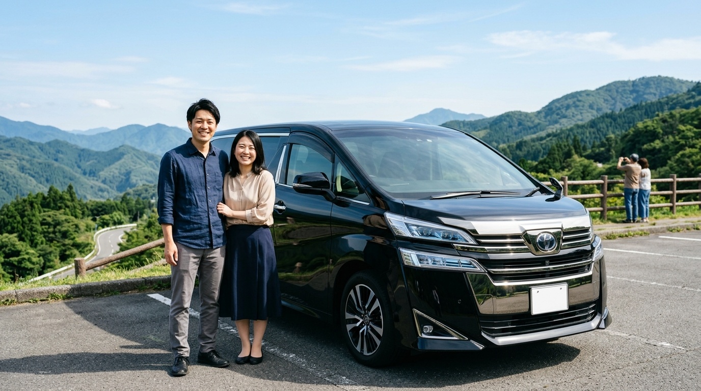 新型ヴェルファイア2.4ターボの故障対策総まとめ 快晴の日本の美しい高原ワインディングロードの展望駐車場で新型40系ヴェルファイアZ Premierの前に立ち笑顔を見せる若い日本人夫婦