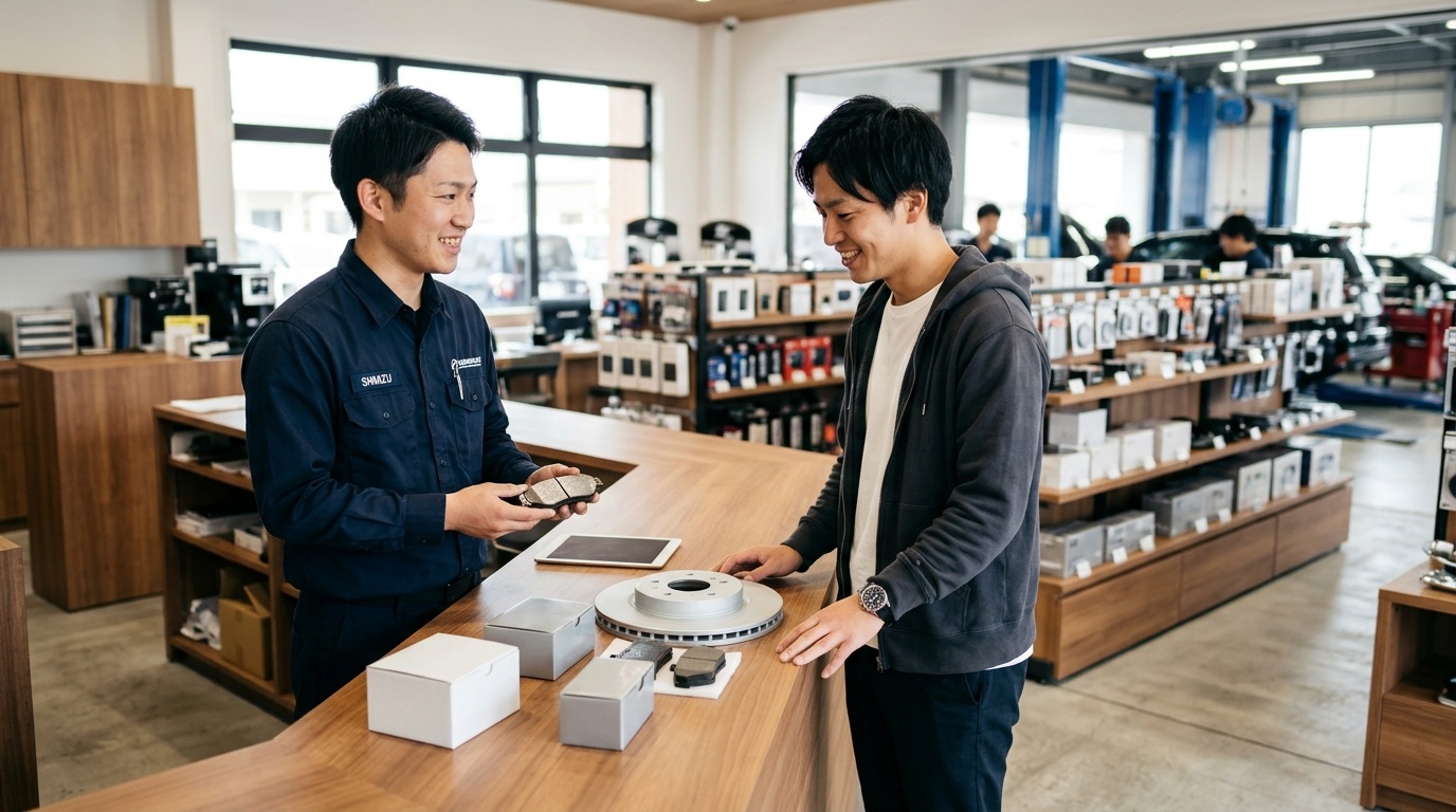 明るい日本のカー用品専門店のカウンターでブレーキパッドの製品サンプルを見ながら若い日本人男性スタッフの説明を聞く若い日本人男性オーナー