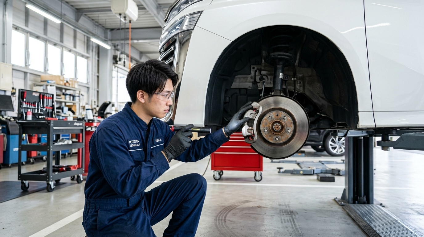 明るい日本の自動車整備工場でリフトアップされたヴェルファイアのフロントブレーキディスクローターの縁の摩耗状態を点検する若い日本人男性整備士