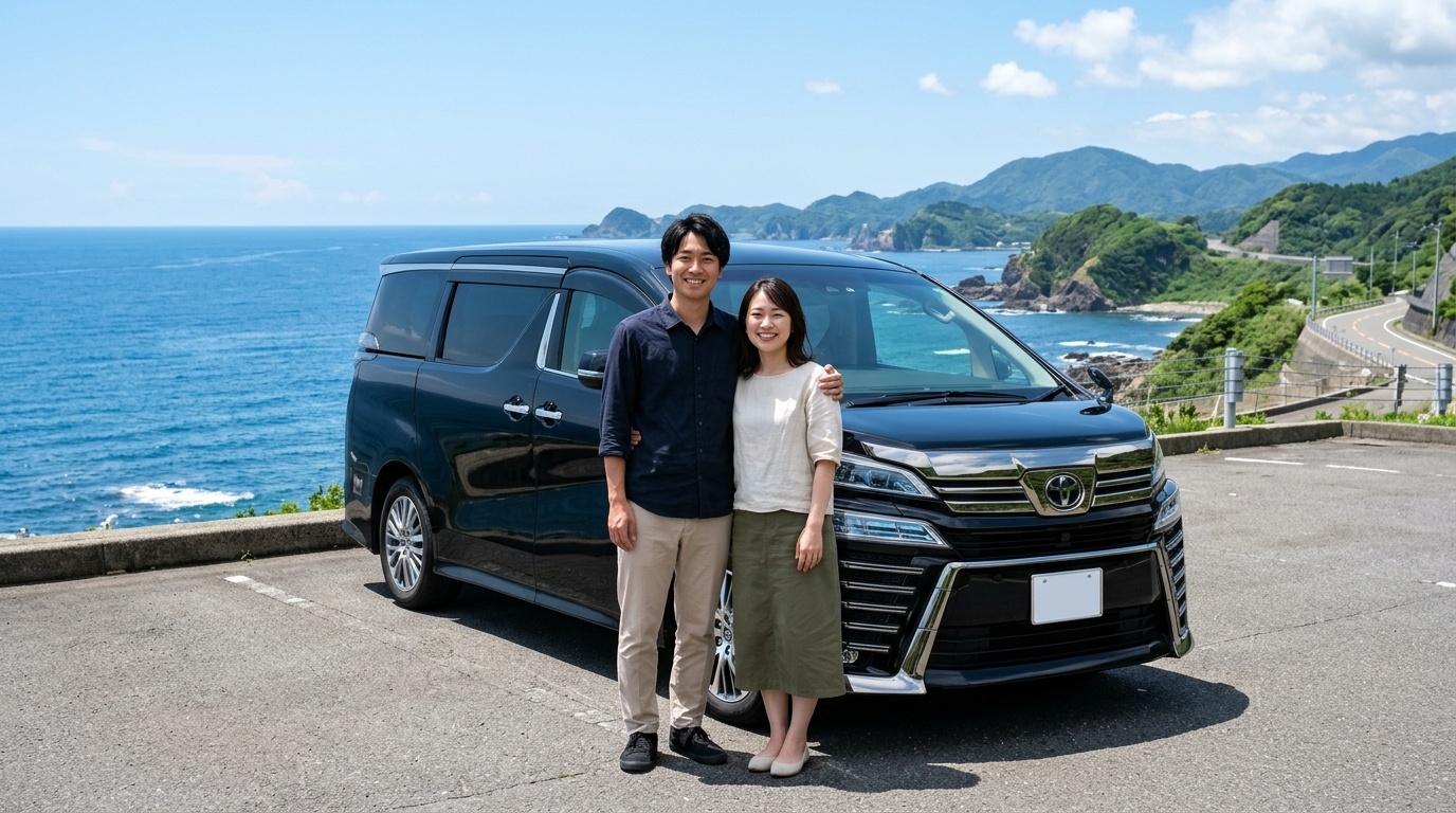 晴れた日本の美しい海岸線のドライブコースの駐車場でピカピカのホイールが輝くヴェルファイアの横に立ち笑顔を見せる若い日本人夫婦