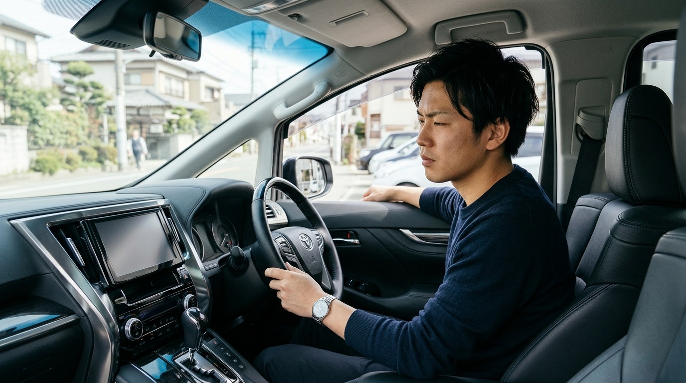 明るい日本の住宅街の道路でヴェルファイアの運転席に座り窓を少し開けてブレーキ操作時の音を確認している若い日本人男性