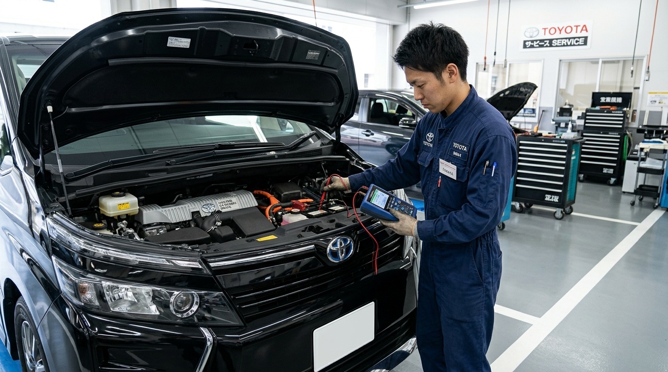 明るい日本の自動車整備工場でヴェルファイアハイブリッドの補機用12Vバッテリーに電圧診断テスターを当てて点検する若い日本人男性整備士