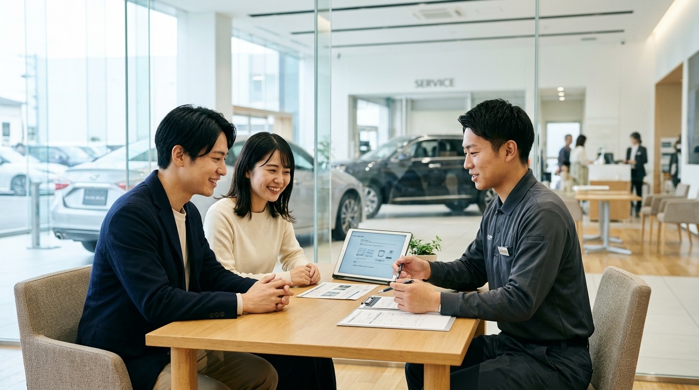 明るい日本の自動車整備工場のカウンターでヴェルファイアのハイブリッドバッテリー交換見積書を見ながら若い日本人男性アドバイザーの説明を聞く若い日本人夫婦
