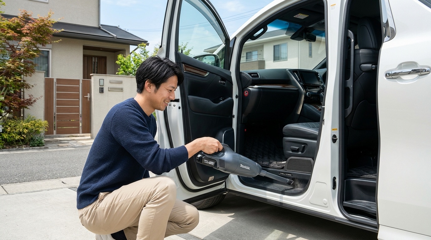 明るい日本の自宅駐車場でヴェルファイアハイブリッドのフロントシート側面にある駆動用電池冷却用吸入口カバーとフィルターを掃除機で清掃する若い日本人男性