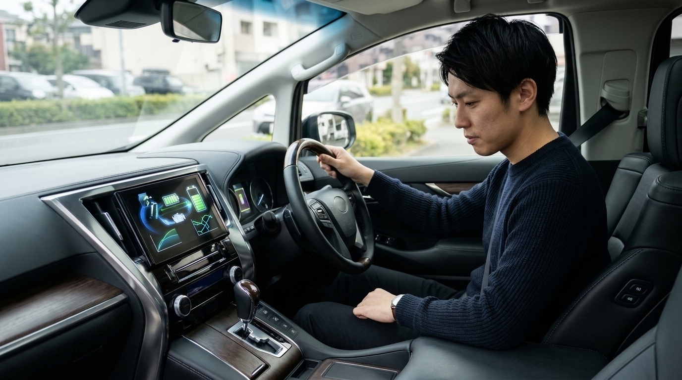 日本の清潔な駐車場に停めたヴェルファイアハイブリッドの運転席でマルチインフォメーションディスプレイのエネルギーモニターを確認する若い日本人男性