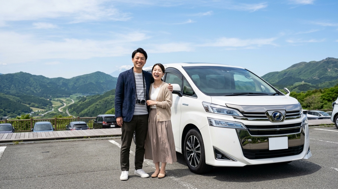 晴れた日本の美しい高原の展望駐車場でパールホワイトのヴェルファイアハイブリッドの横に立ち爽やかな笑顔を見せる若い日本人夫婦