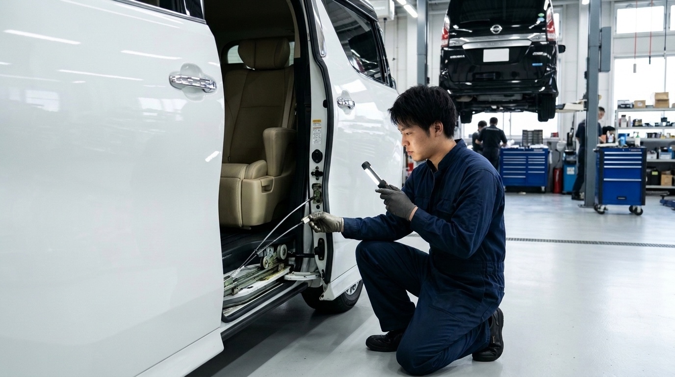 明るい日本の自動車整備工場でヴェルファイアのスライドドアレール内部の電動駆動ワイヤーとローラー機構を点検する若い日本人男性整備士