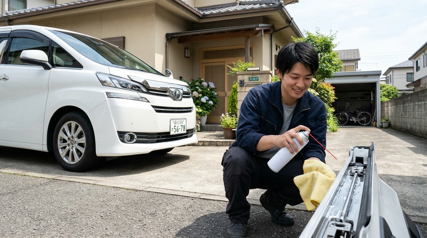 晴れた日本の自宅駐車場でヴェルファイアのスライドドアレールを清潔なウエスで拭き上げ専用ホワイトグリースで給油メンテナンスする若い日本人男性
