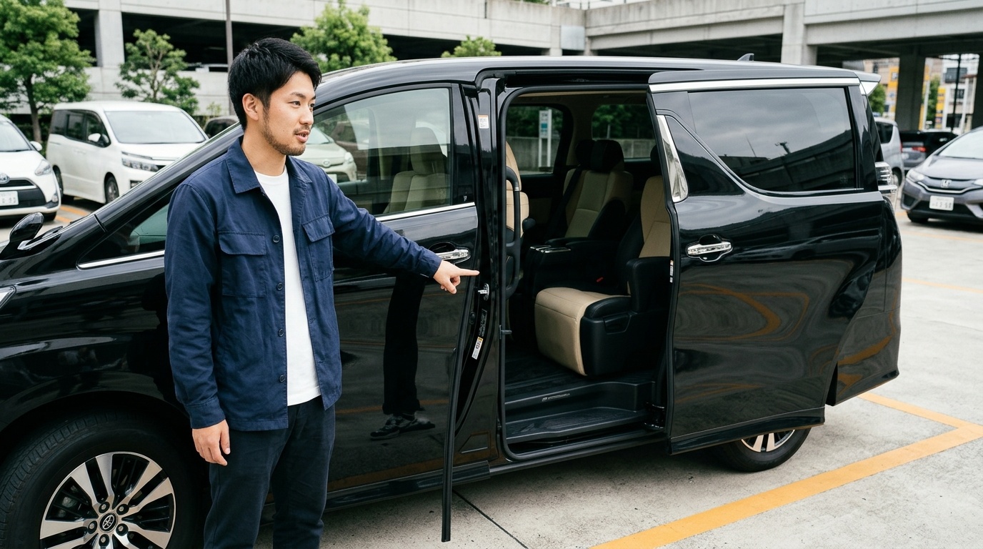 日本の清潔な駐車場でヴェルファイアのスライドドア開口部にあるBピラー側の黒いゴム製スライドドアストッパーを指差して摩耗状態を確認する若い日本人男性