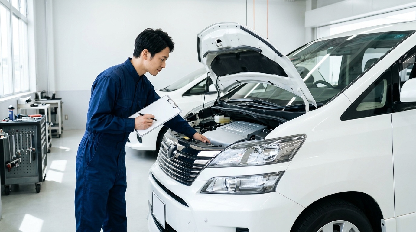 トヨタの9年保証延長の経緯と対策品交換の見分け方 明るい日本の自動車整備工場で20系ヴェルファイアの2.4L 2AZ-FE型エンジンルームと整備記録簿を照らし合わせて確認する若い日本人男性整備士