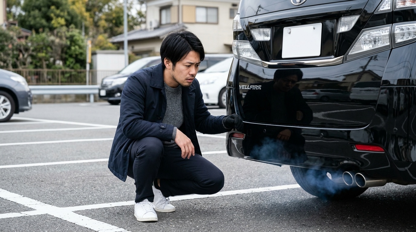 ヴェルファイアの白煙とオイル上がりや下がりの原因 日本の駐車場に停めた黒色のヴェルファイアの後方マフラー付近をしゃがんで確認し白煙や煤の状態をチェックする若い日本人男性