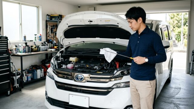 明るい日本の自宅ガレージでパールホワイトのヴェルファイアのボンネットを開けてオイルレベルゲージを点検する若い日本人男性