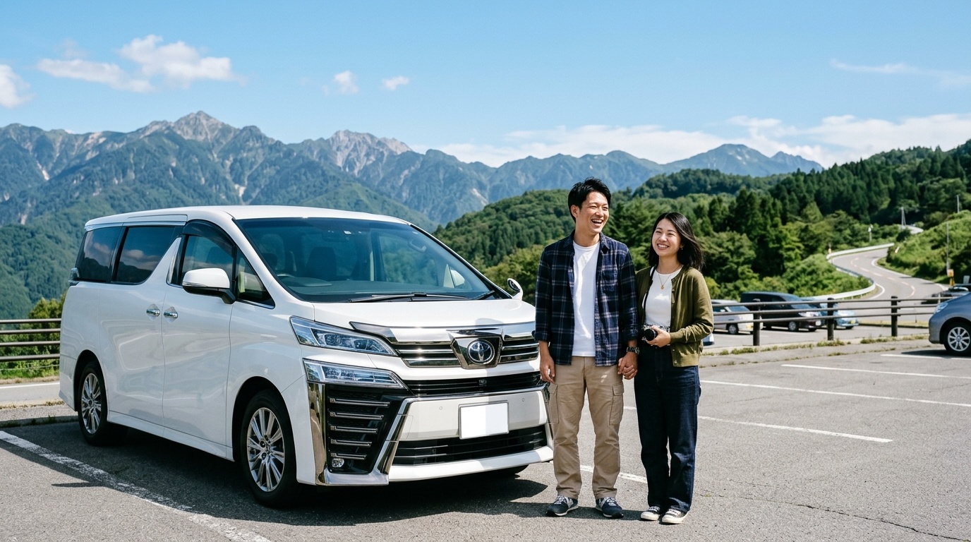 ヴェルファイアの白煙とオイル上がり下がりまとめ 晴れた日本の美しい高原の展望駐車場でパールホワイトのヴェルファイアの横に立ち笑顔を見せる若い日本人夫婦