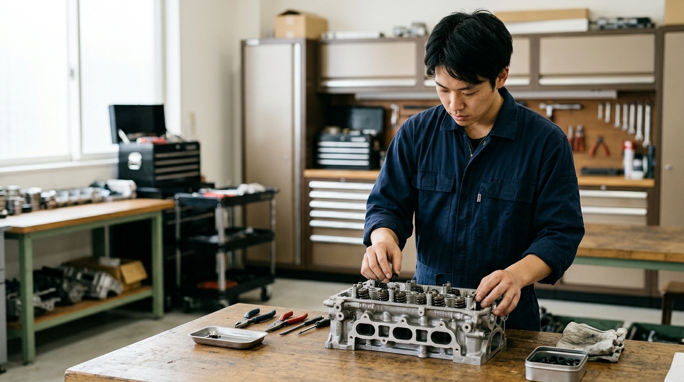 朝一番の始動直後にボワッと出るオイル下がりの正体 明るい日本の自動車整備工場でエンジンヘッド内部のバルブステムシール部品と構造を点検する若い日本人男性整備士
