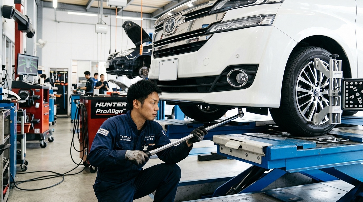 純正と社外OEM部品の選び方と1G締めの重要性 最新設備の整った日本の自動車整備工場でヴェルファイアの足回りアーム類を接地状態に近い1G状態でトルクレンチを使って本締めする若い日本人男性整備士