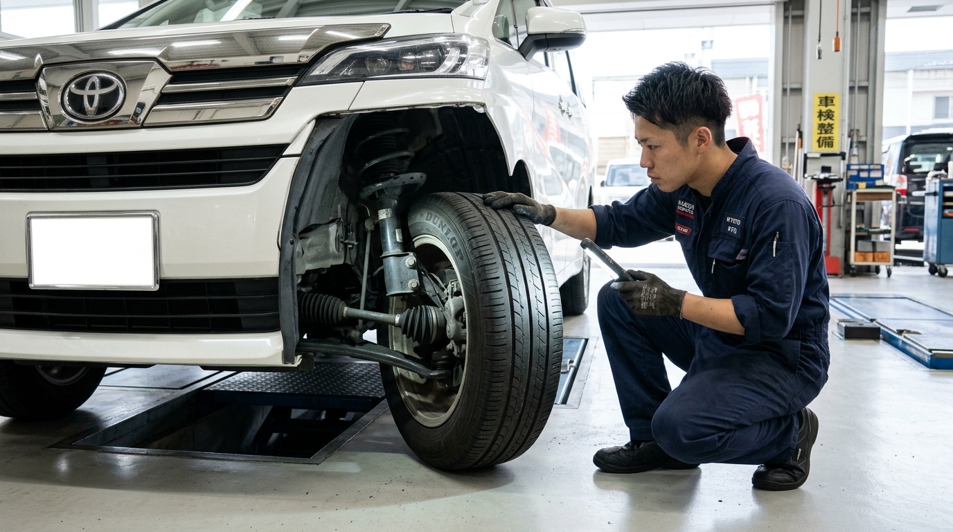 放置は車検不合格!ブーツ破れと偏摩耗の危険性 明るい日本の自動車整備工場でヴェルファイアの足回りダストブーツの破れとタイヤの偏摩耗状態をチェックする若い日本人男性整備士