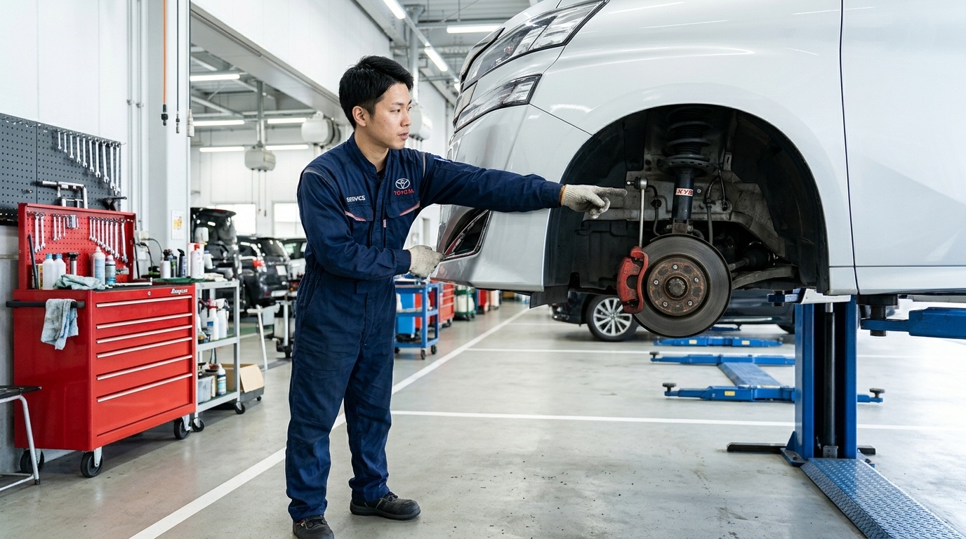 ヴェルファイアの足回りコトコト異音の原因と部品寿命 明るい日本の自動車整備工場でリフトアップされたヴェルファイアのフロントサスペンションとスタビライザーリンクを指差して点検する若い日本人男性整備士