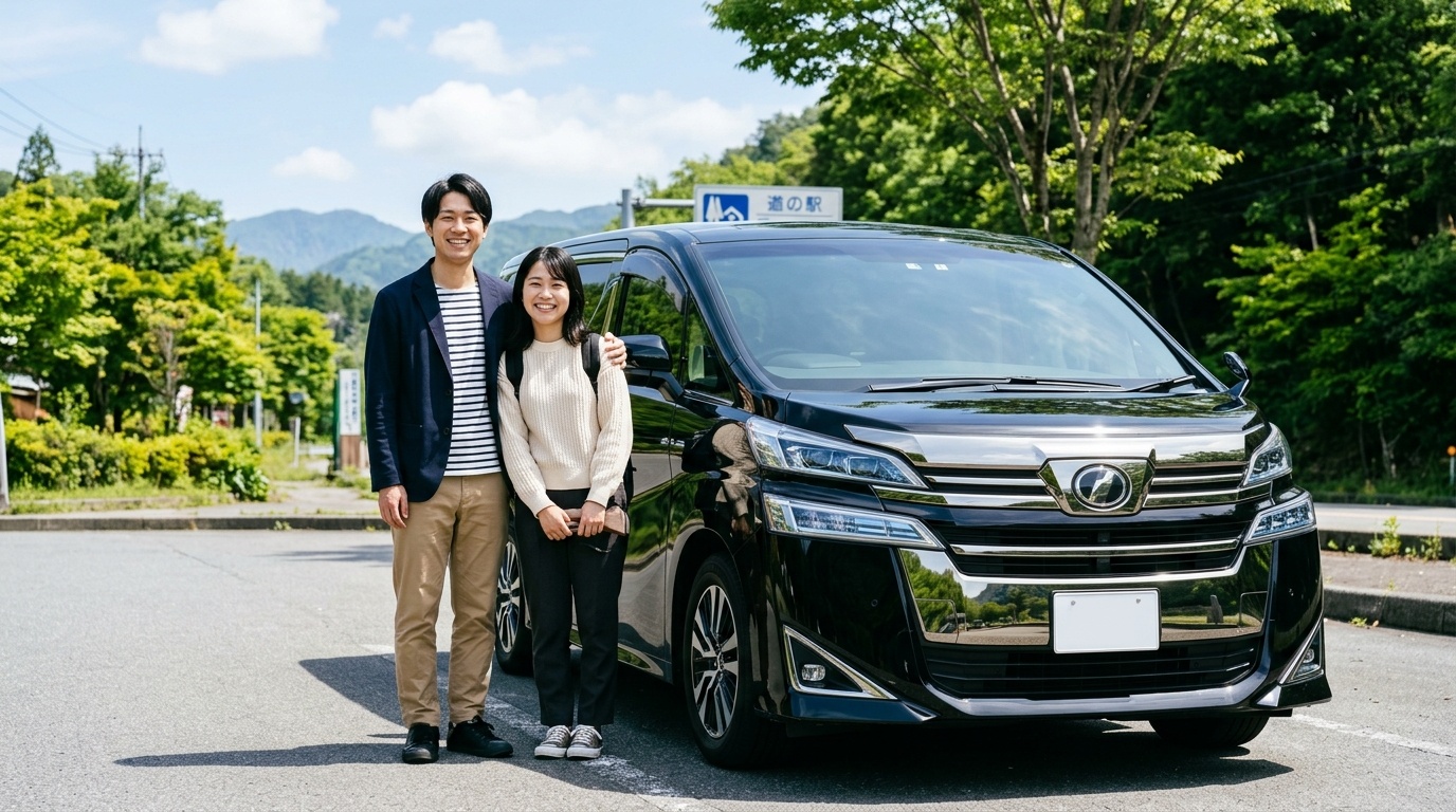 ヴェルファイアの足回りコトコト異音と対策のまとめ 晴れた日本の美しい並木道の駐車スペースで黒色のヴェルファイアの横に立ち爽やかな笑顔を見せる若い日本人夫婦
