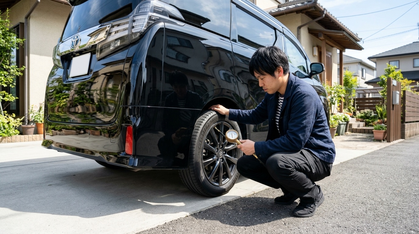 5000kmごとのローテーションと適正空気圧管理 晴れた日本のガレージでヴェルファイアの大径タイヤに高精度エアゲージを当てて冷間時の空気圧を測定・調整する若い日本人男性オーナー