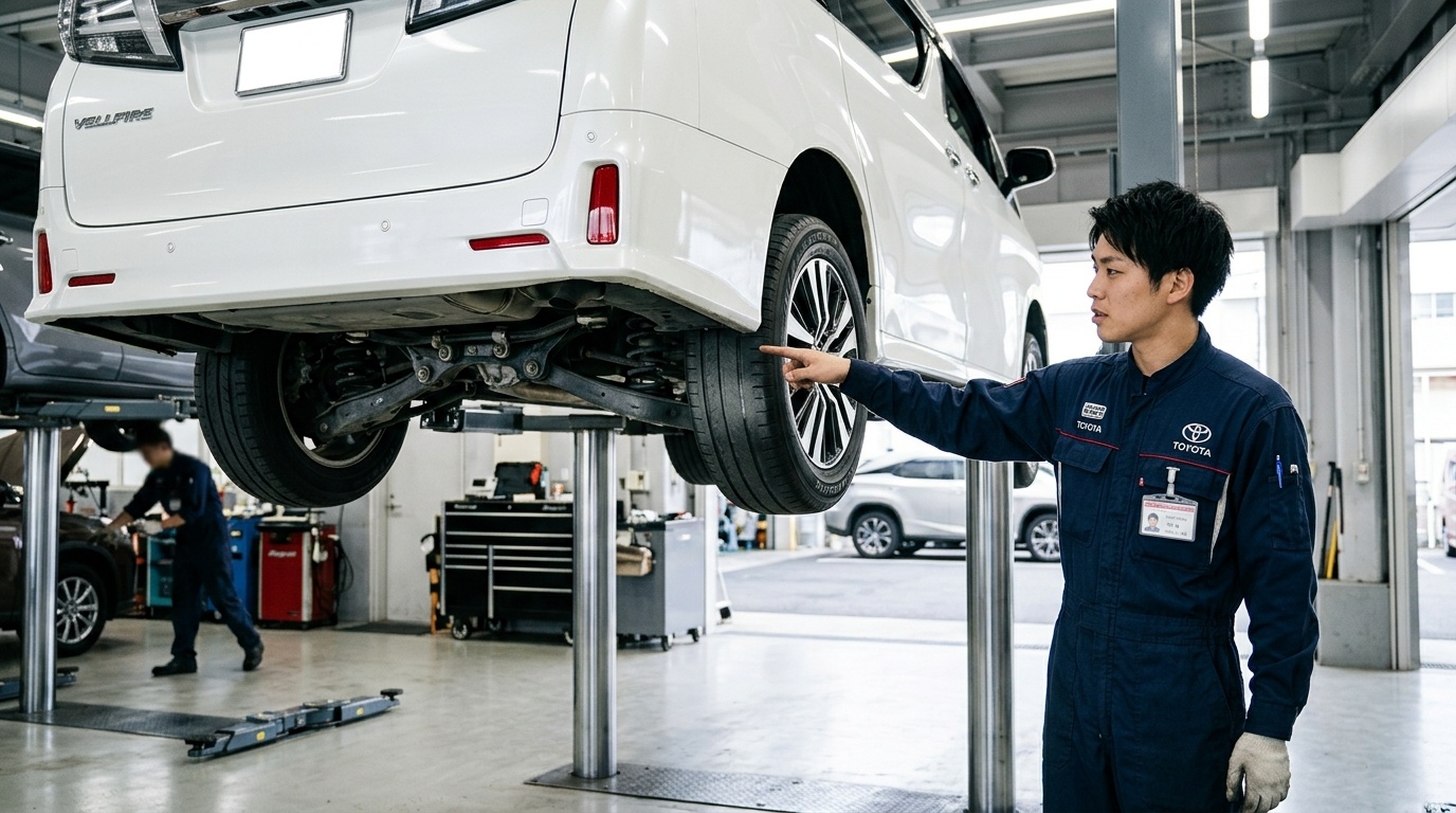 ヴェルファイアのタイヤ内減りや偏摩耗の5大原因 清潔な日本の自動車整備工場でリフトアップされたヴェルファイアのリアダブルウィッシュボーン式サスペンションとタイヤ内減り箇所を指差す若い日本人男性整備士
