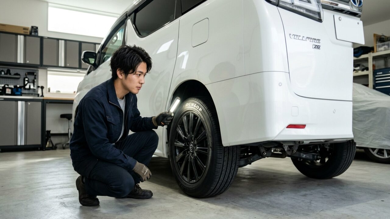 明るい日本の自宅ガレージでパールホワイトのヴェルファイアのリアタイヤ内側の摩耗状態をしゃがんで点検する若い日本人男性