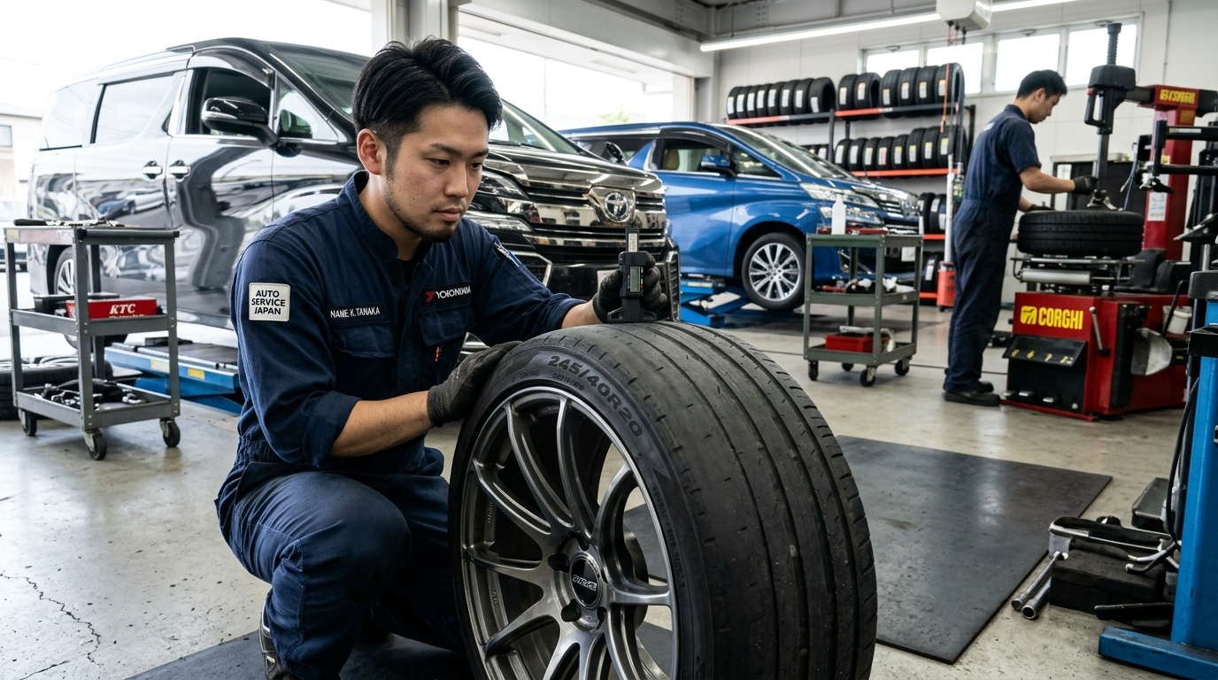 放置はバーストや車検不合格!ワイヤー露出の危険 日本の整備ピットでヴェルファイアから取り外した大径タイヤの内側ショルダーの摩耗状態とスリップサインを点検する若い日本人男性整備士
