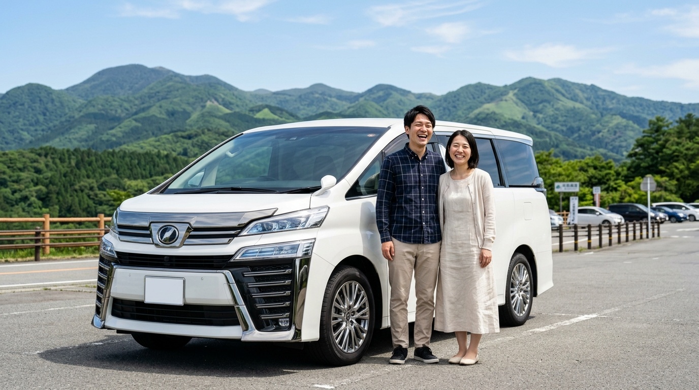 ヴェルファイアのタイヤ内減りや偏摩耗原因まとめ 晴れた日本の高原ドライブウェイの駐車スペースで黒色のヴェルファイアの横に立ち笑顔を見せる若い日本人夫婦