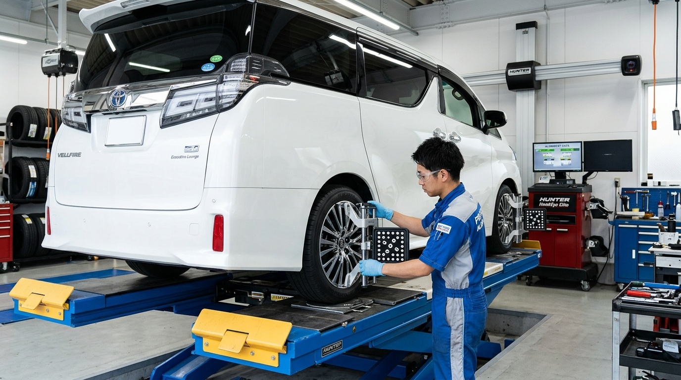 ローダウンや多人数乗車によるトー角のズレ 明るい日本のタイヤプロショップでヴェルファイアのホイールに4輪アライメントテスターのターゲットセンサーを取り付けてトー角を測定する若い日本人男性整備士
