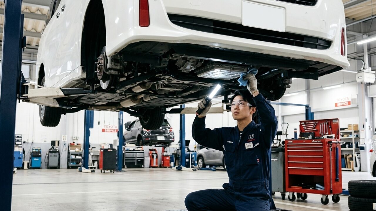 清潔な日本の自動車整備工場でリフトアップされたヴェルファイアの下回りとCVTオイルパンを点検する若い日本人男性整備士