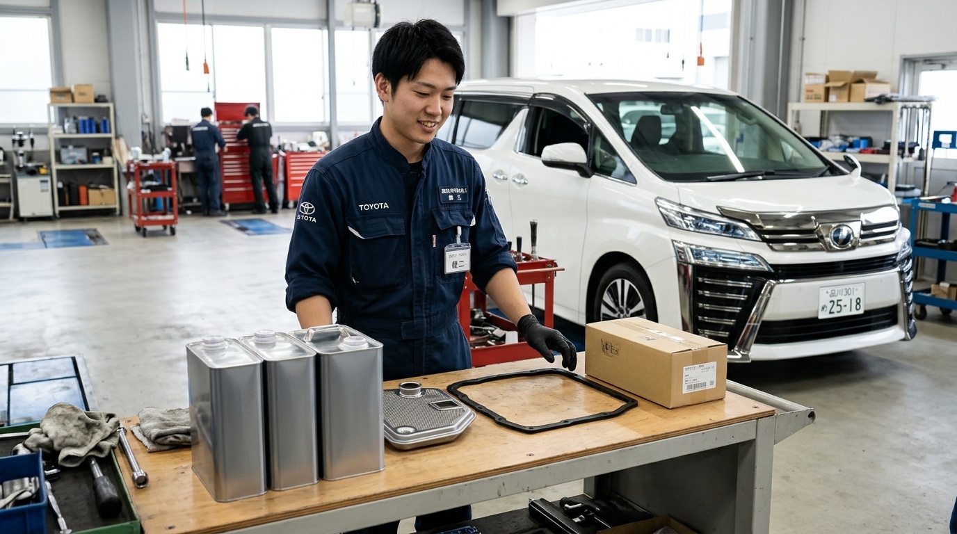 世代別のCVT型式やハイブリッド車との違い 日本の整備工場の作業台に並べられたトヨタ純正CVTフルード缶と新しいオイルストレーナーを手に取り確認する若い日本人男性整備士