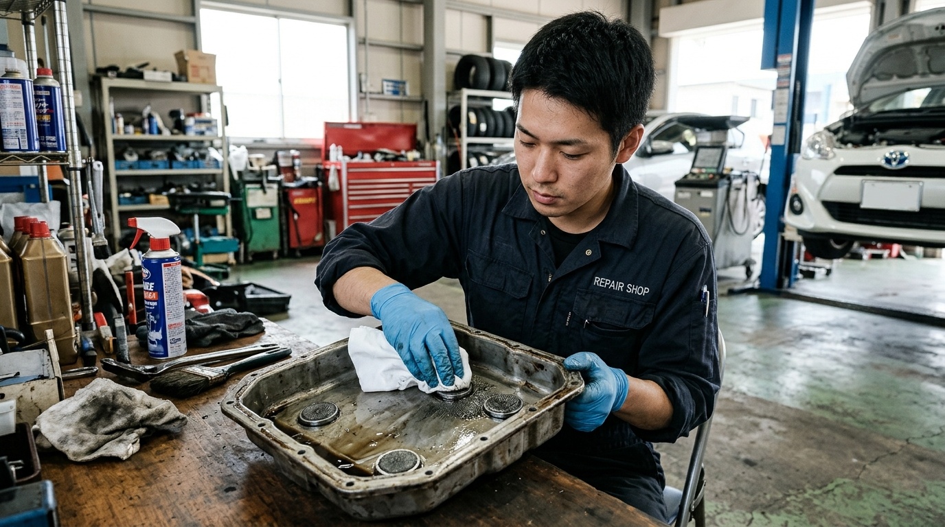 過走行車でいきなり交換した際の故障リスク 日本の自動車整備工場でヴェルファイアから取り外したCVTオイルパンの底と鉄粉が付着したマグネットを点検・清掃する若い日本人男性整備士