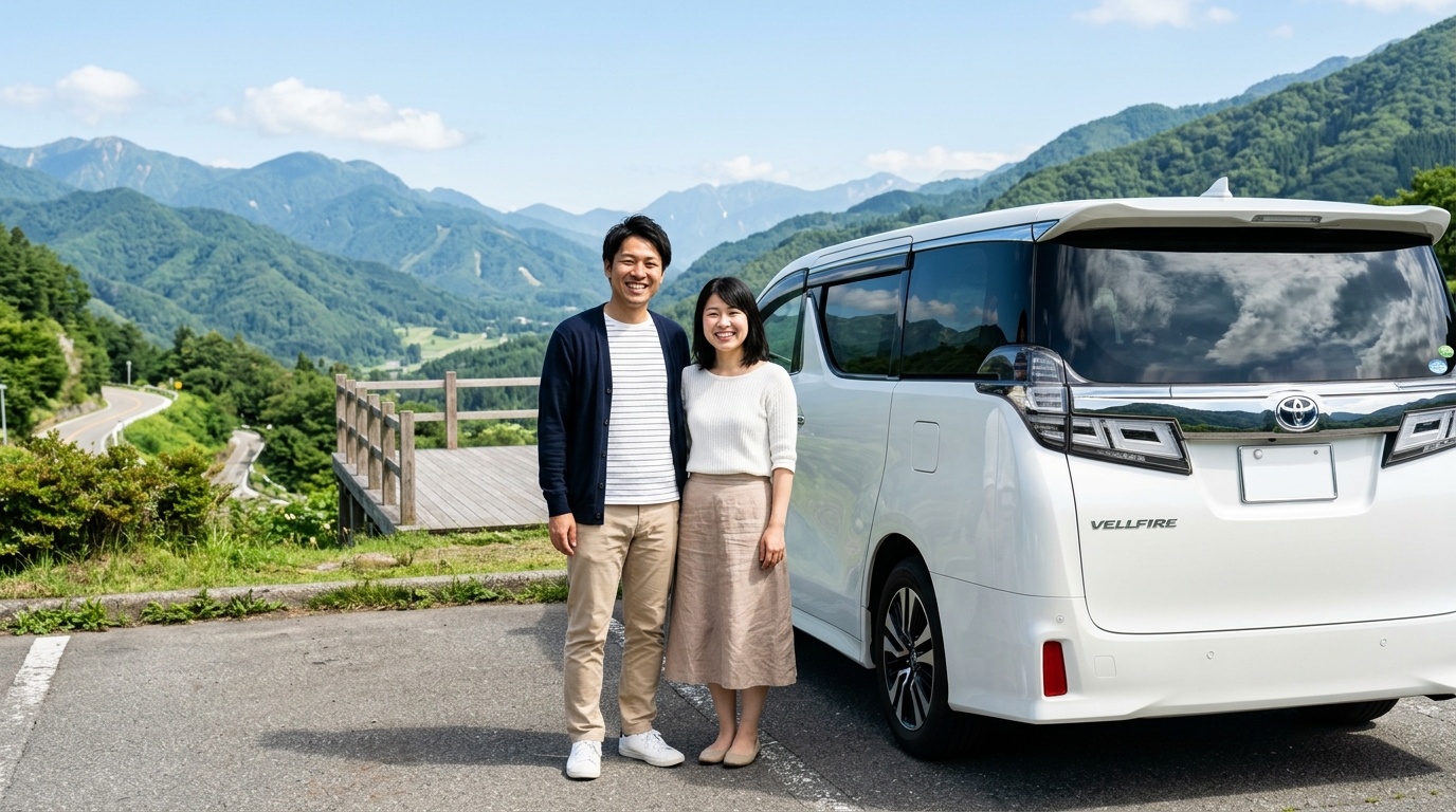 ヴェルファイアのCVTフルード交換時期と対策まとめ 晴れた日本の美しい高原道路の駐車スペースでパールホワイトのヴェルファイアの横に立ち笑顔を見せる若い日本人夫婦