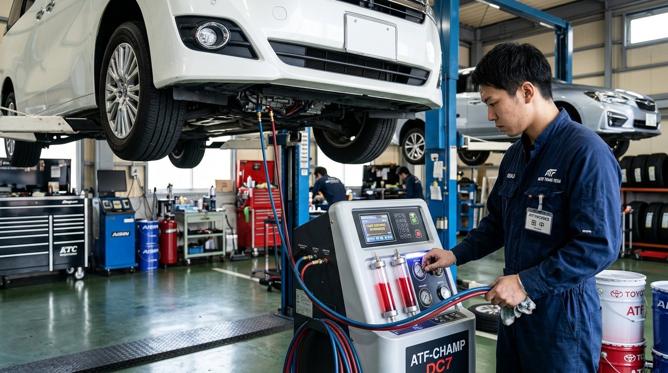 オイルパン洗浄とトルコン太郎による圧送交換 明るい日本の自動車整備工場でヴェルファイアに高性能圧送式チェンジャーを接続してCVTフルードの透明度を確認する若い日本人男性整備士